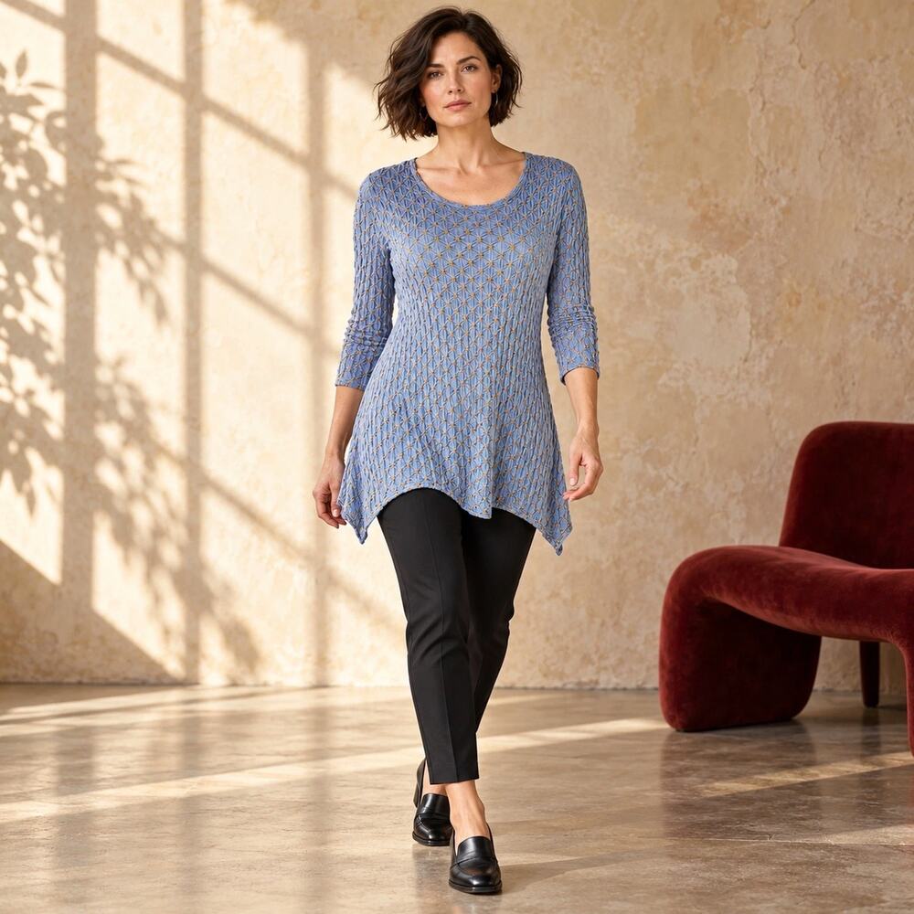 Tianello by Steve Barraza Asbury Periwinkle Blue Beige Sharkbite Tunic SZ S